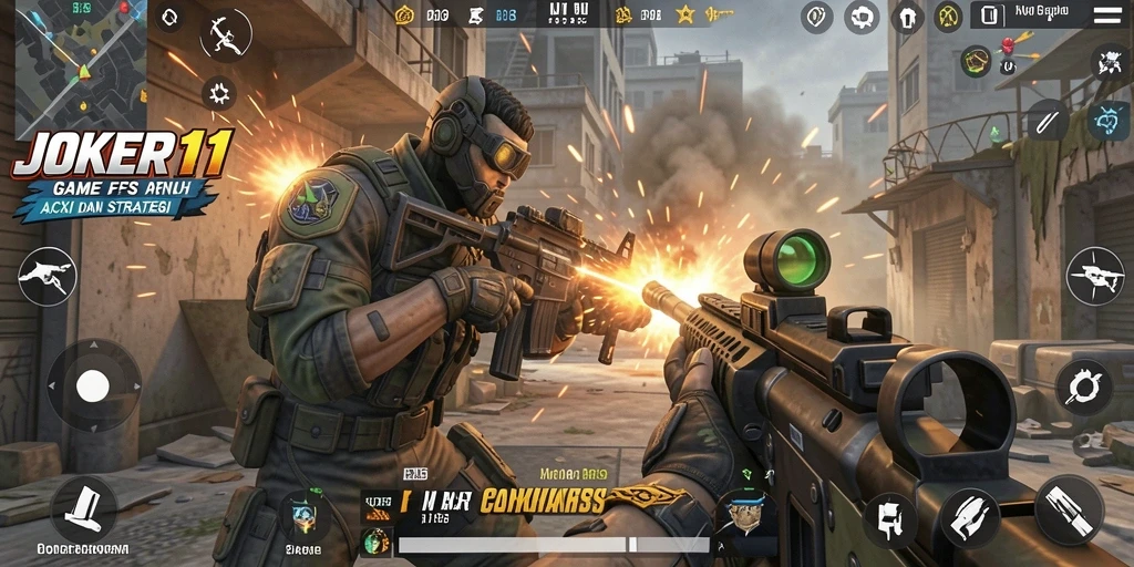 Screenshot gameplay JOKER11 menampilkan aksi tembak-menembak yang mendebarkan.