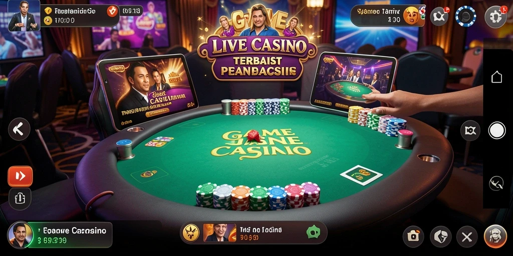 Screenshot gameplay T6 menunjukkan dealer langsung dan suasana kasino yang interaktif.