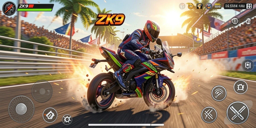 Tampilan gameplay ZK9 yang mendebarkan saat balapan motor.